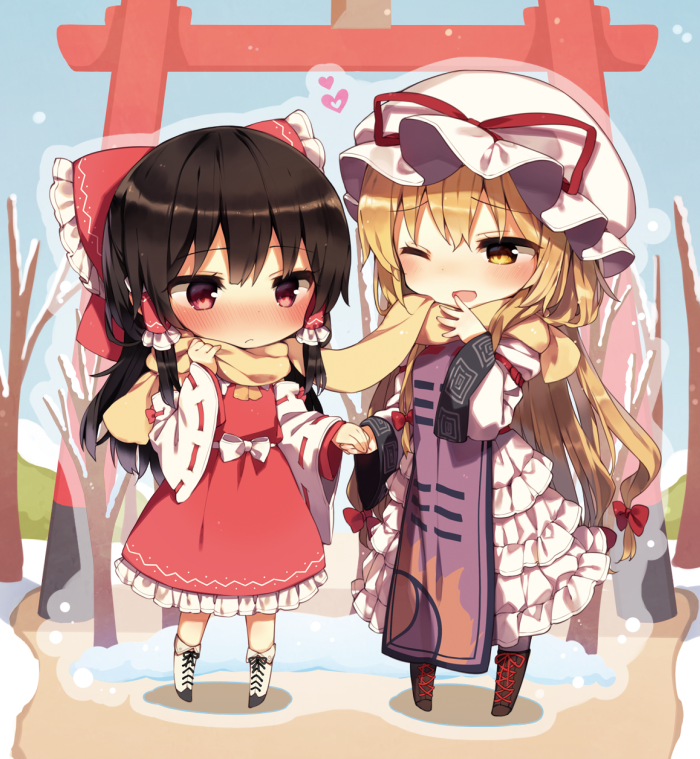 2girls ascot bangs black_footwear black_hair blonde_hair blue_sky blush boots bow chibi commentary_request day detached_sleeves dress eyebrows_visible_through_hair frilled_bow frills hair_between_eyes hair_bow hair_tubes hakurei_reimu hand_up hat hat_ribbon heart layered_dress long_hair long_sleeves looking_at_another mob_cap multiple_girls one_eye_closed outdoors petticoat red_bow red_dress red_eyes red_ribbon ribbon ribbon-trimmed_sleeves ribbon_trim scarf shadow shared_scarf shinoba sidelocks sky snow snowing tabard torii touhou very_long_hair white_dress white_footwear white_hat wide_sleeves winter yakumo_yukari yellow_eyes yellow_neckwear yellow_scarf yuri