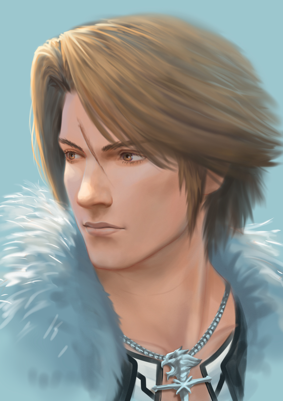 1boy blue_background brown_eyes brown_hair closed_mouth commentary fateline_alpha final_fantasy final_fantasy_viii fur_trim highres jewelry looking_away male_focus necklace scar simple_background solo squall_leonhart