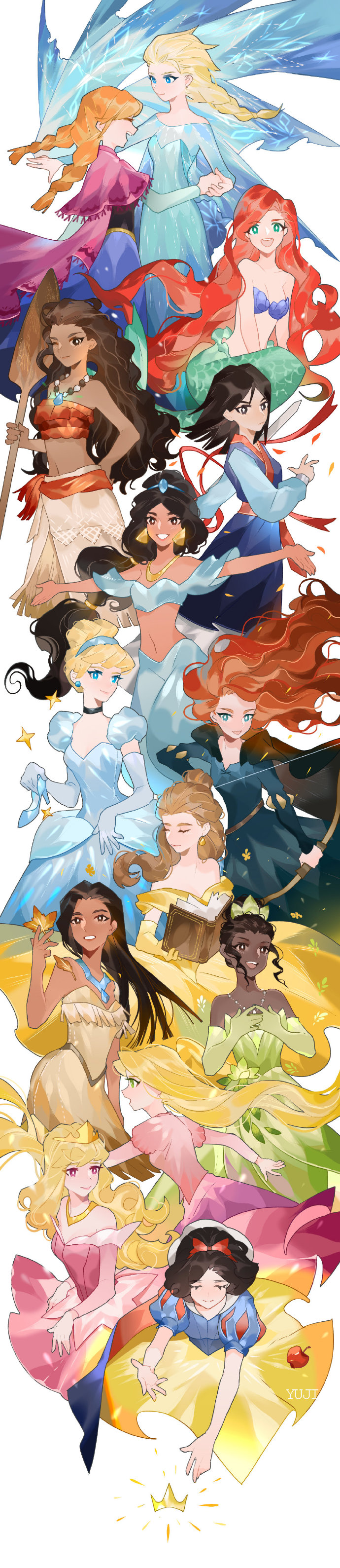 6+girls absurdres aladdin_(disney) anna_(frozen) arabian_clothes ariel_(disney) aurora_(disney) beauty_and_the_beast belle_(disney) black_hair blonde_hair book bow bow_(weapon) brave_(pixar) brown_hair cape chinese_clothes cinderella cinderella_(disney) company_connection crossover dark_skin disney dress elsa_(frozen) fa_mulan_(disney) frozen_(disney) hair_bow hairband hand_holding highres jasmine_(disney) jewelry leaf long_hair long_image looking_at_viewer merida_(brave) mermaid midriff moana_(movie) moana_waialiki monster_girl mulan multiple_girls native_american navel necklace oar outstretched_arms pocahontas pocahontas_(disney) puffy_short_sleeves puffy_sleeves rapunzel_(disney) shell shell_bikini short_sleeves siblings sisters sleeping_beauty smile snow_white_(disney) snow_white_and_the_seven_dwarfs sword tall_image tangled the_little_mermaid the_princess_and_the_frog tiana_(the_princess_and_the_frog) tiara very_long_hair weapon yuji_(fantasia)