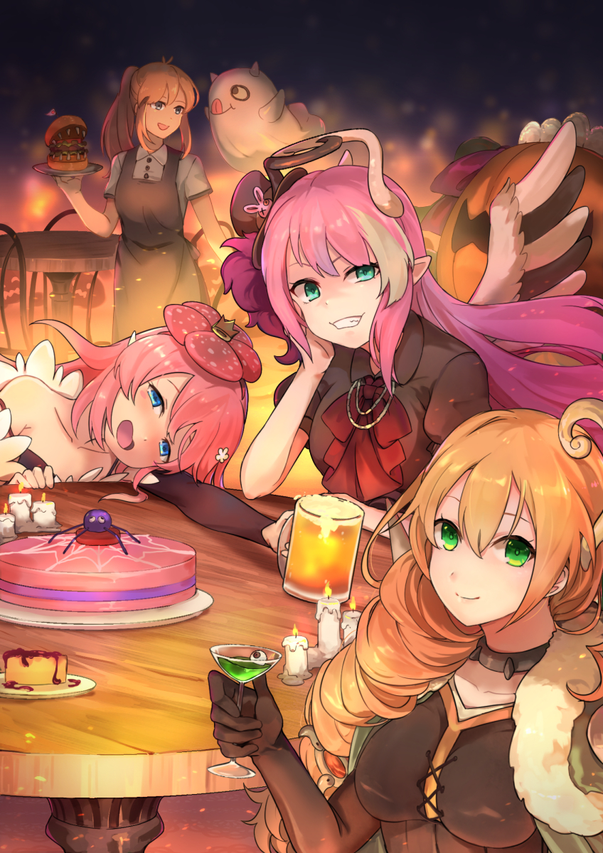 4girls :d :q alcohol apron bare_shoulders beer beer_mug blonde_hair blue_eyes bow bowtie breasts brown_gloves candle character_request chin_rest choker closed_mouth commentary_request crown drunk duel_monster elbow_gloves flower food ghost ghostrick_angel_of_mischief gloves green_eyes hair_flower hair_ornament half-closed_eye hamburger hat highres holding horns hsin large_breasts long_hair looking_at_viewer mini_crown multiple_girls open_mouth pancake pink_hair pointy_ears ponytail pumpkin red_flower red_neckwear ritual_beast_tamer_lara short_sleeves sitting smile table tongue tongue_out top_hat tray yu-gi-oh!