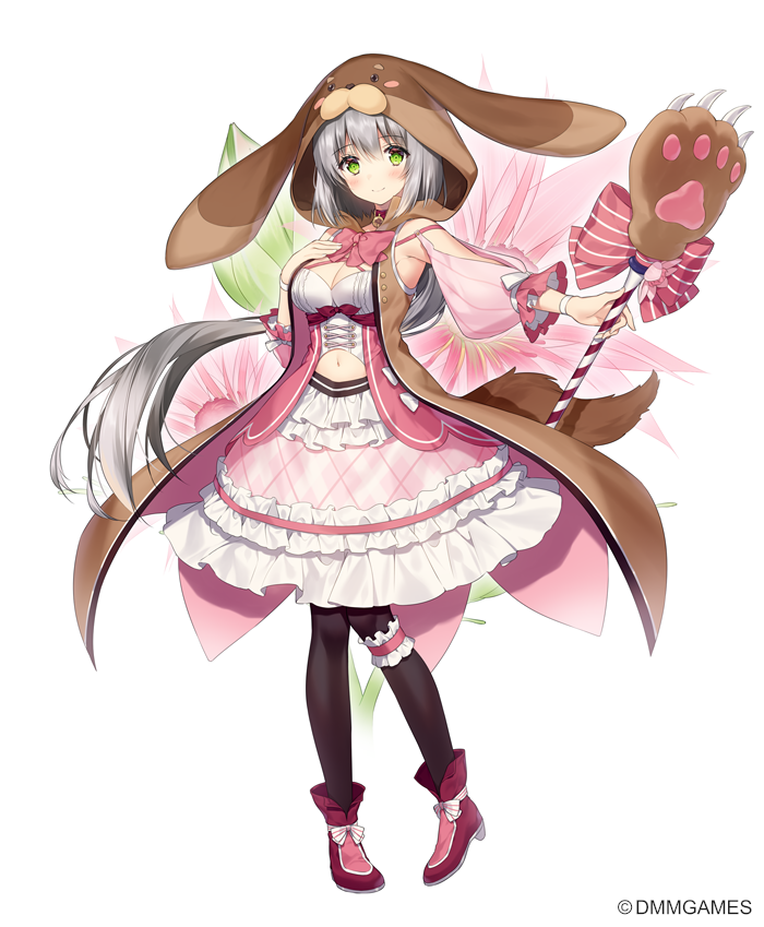 1girl animal_hood black_legwear blush boots bow breasts brown_hood dmm dog_hood dog_tail dress flower flower_knight_girl frilled_dress frills full_body green_eyes grey_hair hand_up hood legband long_hair looking_at_viewer medium_breasts navel necomi official_art pantyhose pink_bow pink_dress pink_footwear serruria_(flower_knight_girl) smile solo standing tail very_long_hair wand white_background