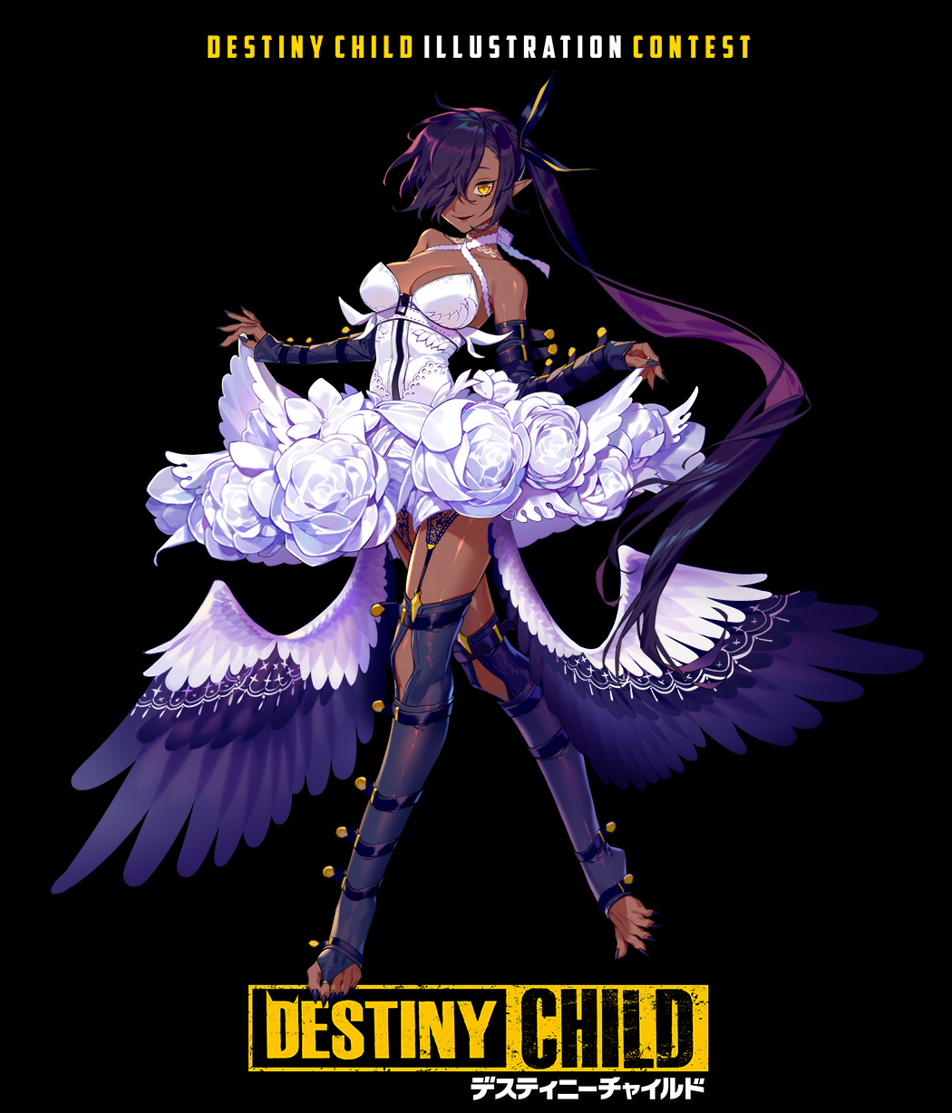 1girl bare_shoulders black_background bow breasts copyright_name dark_skin destiny_child detached_sleeves fingernails full_body garter_straps hair_bow hair_over_one_eye halterneck highres long_hair long_sleeves looking_at_viewer low_wings medium_breasts nail_polish one_eye_covered original parted_lips pointy_ears ponytail purple_hair purple_legwear purple_nails simple_background skirt smile solo standing thigh-highs toeless_legwear very_long_hair white_skirt wings yamakawa yellow_eyes
