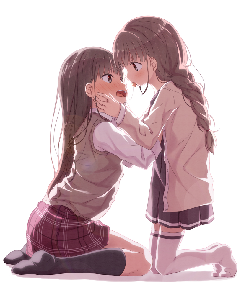 2girls age_difference black_legwear blush braid brown_dress brown_eyes brown_hair brown_jacket collared_shirt commentary_request dress eye_contact hand_on_another's_cheek hand_on_another's_face jacket kago_no_tori kneehighs kneeling long_hair long_sleeves looking_at_another multiple_girls no_shoes nose_blush open_clothes open_jacket open_mouth original plaid plaid_skirt pleated_dress pleated_skirt profile red_skirt shadow shirt sitting skirt sweater_vest thigh-highs tongue tongue_out very_long_hair wariza white_background white_legwear white_shirt yuri