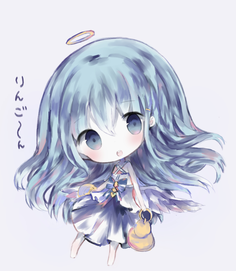 1girl :d bangs bare_arms bare_shoulders barefoot bell bellringer_angel blue_eyes blue_hair blush chibi commentary_request cottontailtokki criss-cross_halter dress eyebrows_visible_through_hair feathered_wings full_body grey_background hair_between_eyes halo halterneck head_tilt holding holding_bell low_wings open_mouth shadowverse simple_background smile solo translation_request upper_teeth white_dress white_wings wings