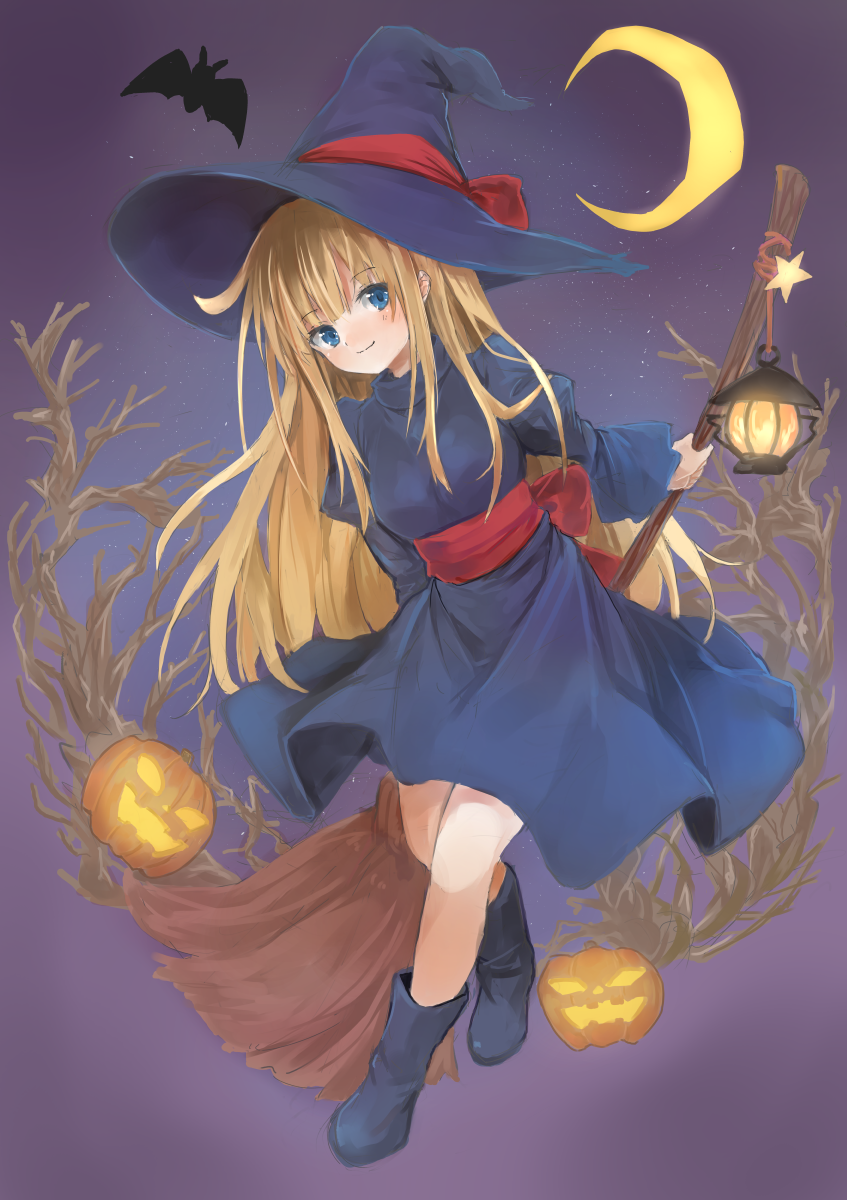 1girl back_bow bat blonde_hair blue_eyes blue_hat blush bow broom closed_mouth commentary_request crescent_moon eyebrows_visible_through_hair halloween hat hat_bow highres holding jack-o'-lantern lantern long_hair looking_at_viewer madou_monogatari moon night night_sky purple_sky puyopuyo red_bow sash sky solo star_(sky) starry_moon waichi witch witch_(puyopuyo) witch_hat