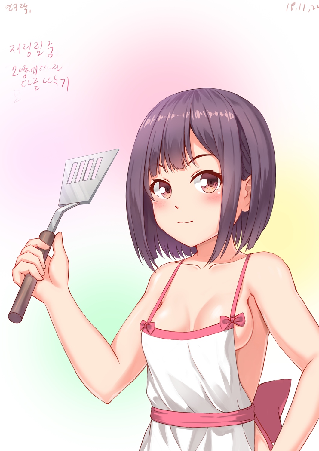 1girl apron blush breasts brown_eyes brown_hair cleavage dated highres kemo_(pokka) naked_apron original short_hair simple_background small_breasts smile spatula standing upper_body