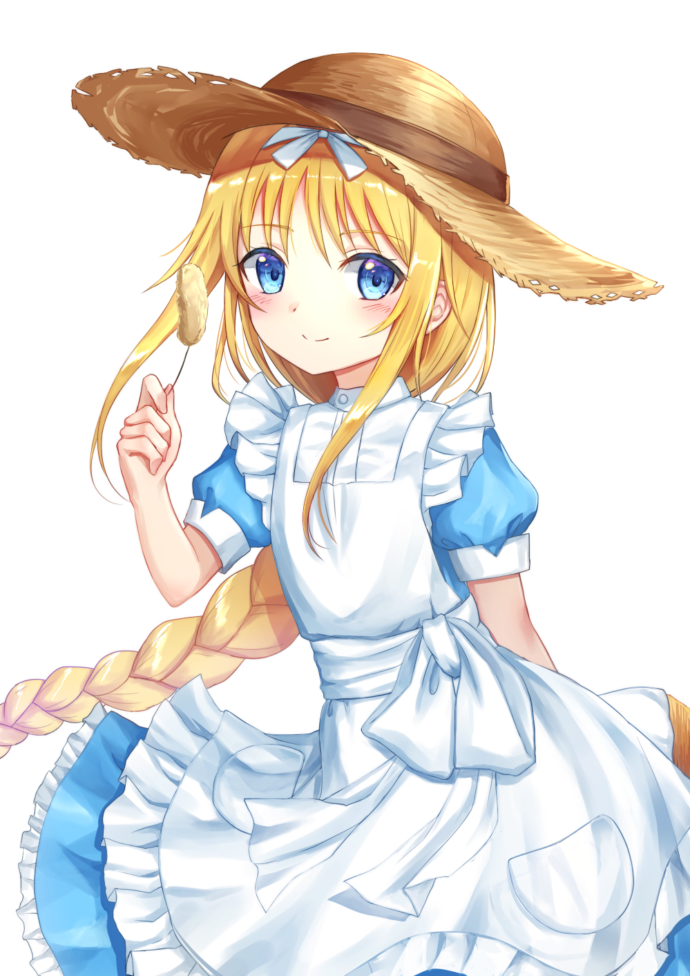 1girl alice_schuberg apron blonde_hair blue_dress blue_eyes blush bow braid closed_mouth commentary_request dress frilled_apron frilled_dress frills hairband hand_up hat highres holding long_hair maid_apron puffy_short_sleeves puffy_sleeves seungju_lee short_sleeves simple_background single_braid smile solo straw_hat sword_art_online very_long_hair white_apron white_background white_bow white_hairband