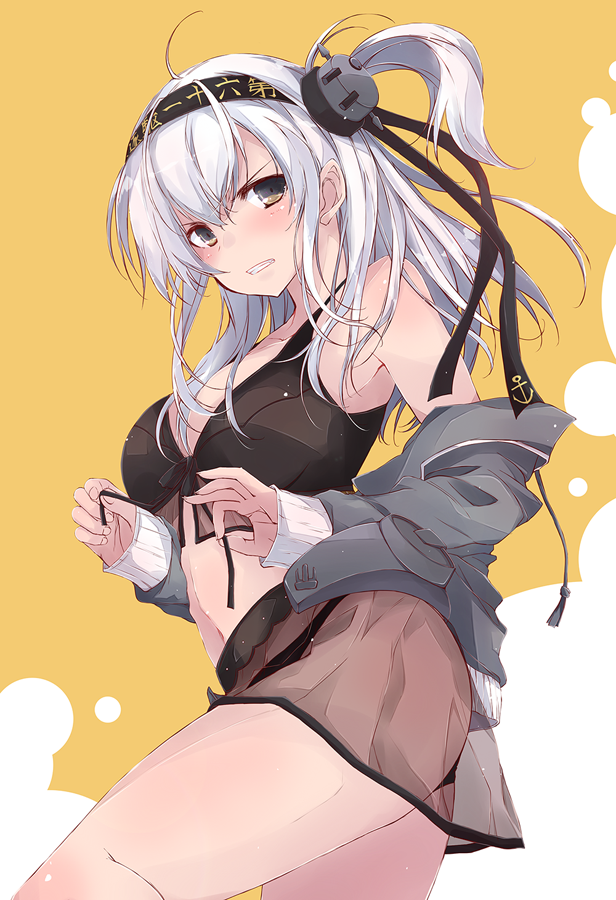 1girl angry ass bikini bikini_skirt black_bikini black_headband blush breasts brown_eyes clenched_teeth clothes_around_waist collarbone embarrassed grey_jacket jacket jacket_around_waist kantai_collection large_breasts long_hair long_sleeves looking_at_viewer messy_hair one_side_up orange_background sidelocks silver_hair solo suzutsuki_(kantai_collection) swimsuit teeth two-tone_background upper_body white_background yumesato_makura