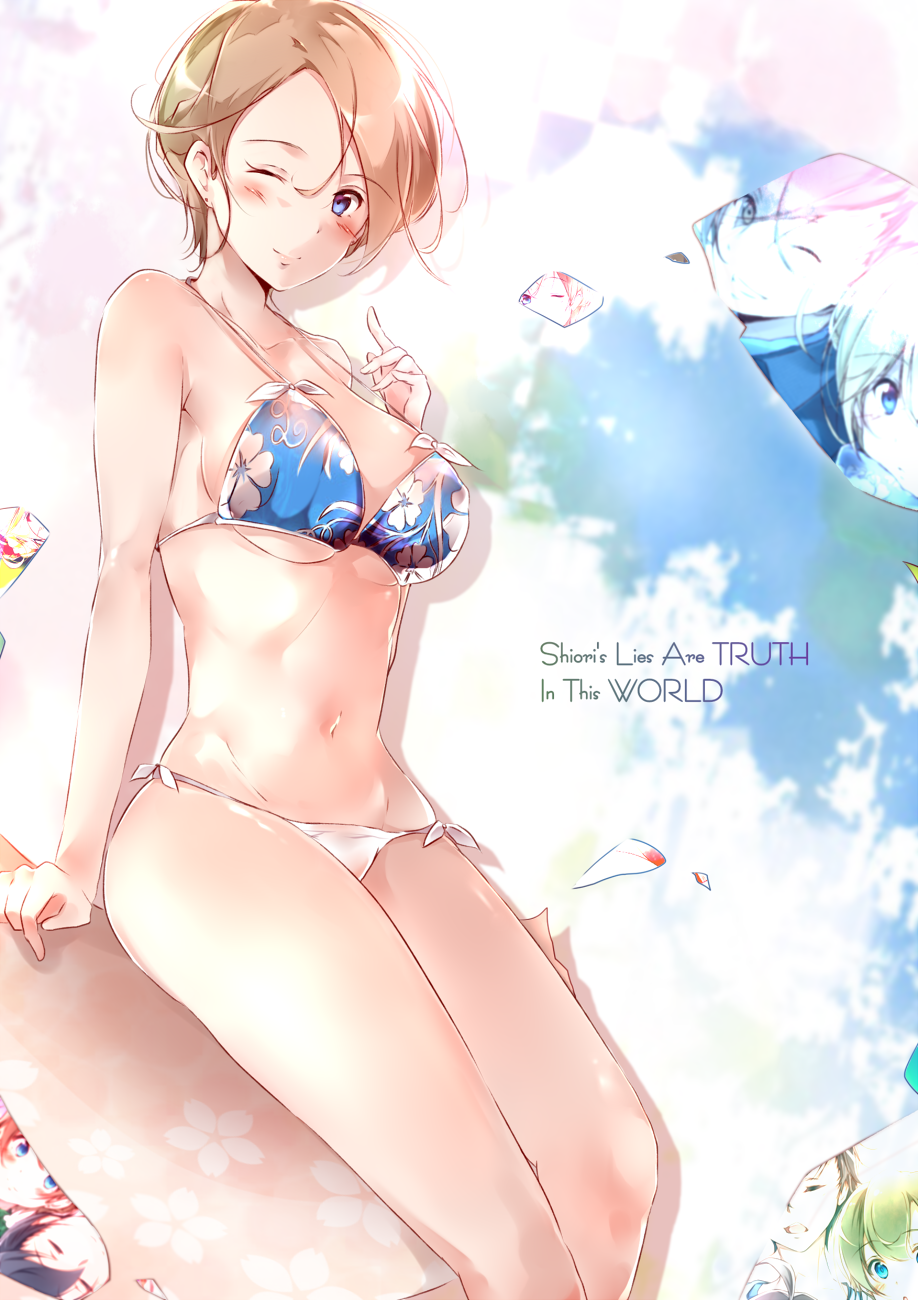 1girl arm_support bikini blue_bikini_top breasts bug closed_mouth commentary commentary_request earrings english_commentary floral_print groin highres insect jewelry kozakura_shiori large_breasts light_brown_hair looking_at_viewer lowleg_bikini_bottom mismatched_bikini navel one_eye_closed original print_bikini_top shi-2 shiori_no_uso_wa_yo_no_makoto short_hair side-tie_bikini sitting smile solo_focus swimsuit thighs violet_eyes white_bikini_bottom