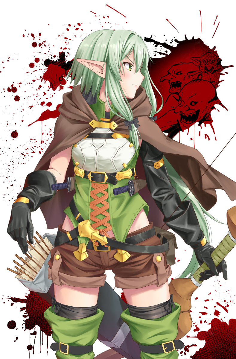 1girl belly_peek belt black_gloves blood boots bow bow_(weapon) breasts brown_footwear cape commentary_request cowboy_shot cross-laced_clothes elbow_gloves elf gloves goblin goblin_slayer! green_eyes green_hair hair_bow high_elf_archer_(goblin_slayer!) highres holding holding_weapon knife long_hair looking_to_the_side pointy_ears quiver short_hair short_shorts shorts sidelocks skyrail small_breasts standing thigh-highs thigh_boots weapon