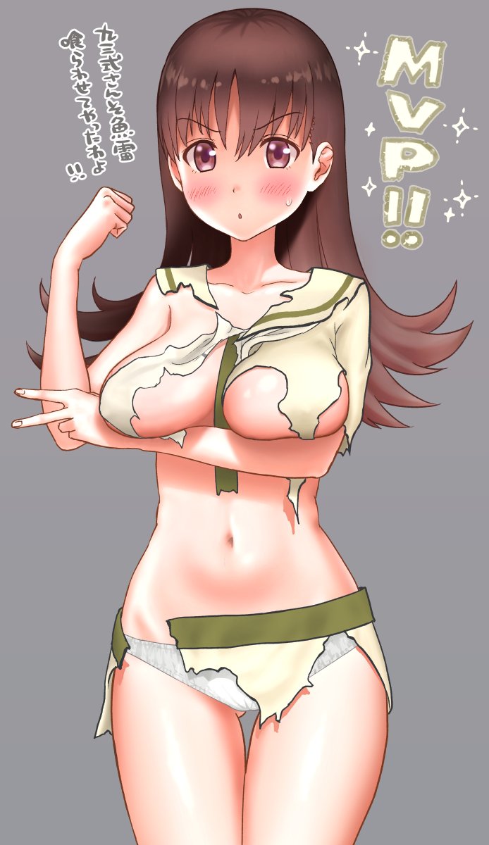 1girl between_breasts breasts brown_eyes brown_hair commentary_request cowboy_shot eyebrows_visible_through_hair gluteal_fold green_neckwear grey_background highres kantai_collection kujira_naoto large_breasts long_hair navel necktie no_bra ooi_(kantai_collection) panties pose remodel_(kantai_collection) sailor_collar school_uniform serafuku simple_background skirt solo standing thigh_gap torn_clothes translation_request underwear white_panties white_sailor_collar white_skirt