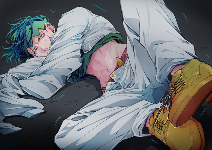 1boy diamond_wa_kudakenai green_eyes green_hair headband jojo_no_kimyou_na_bouken kishibe_rohan long_sleeves lying male_focus midriff pants senbiki_(nonono69) shirt shoes solo spread_legs white_pants white_shirt