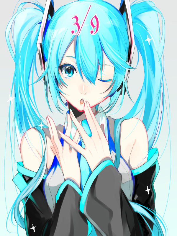 1girl 39 ;o bare_shoulders blue_eyes blue_hair blue_neckwear breasts close-up detached_sleeves eyebrows_visible_through_hair eyelashes finger_to_chin fingernails grey_background hands_together hatsune_miku head_tilt long_hair looking_at_viewer necktie one_eye_closed open_mouth shirt simple_background sleeveless sleeveless_shirt solo sparkle sparkling_eyes twintails upper_body very_long_hair vocaloid white_shirt