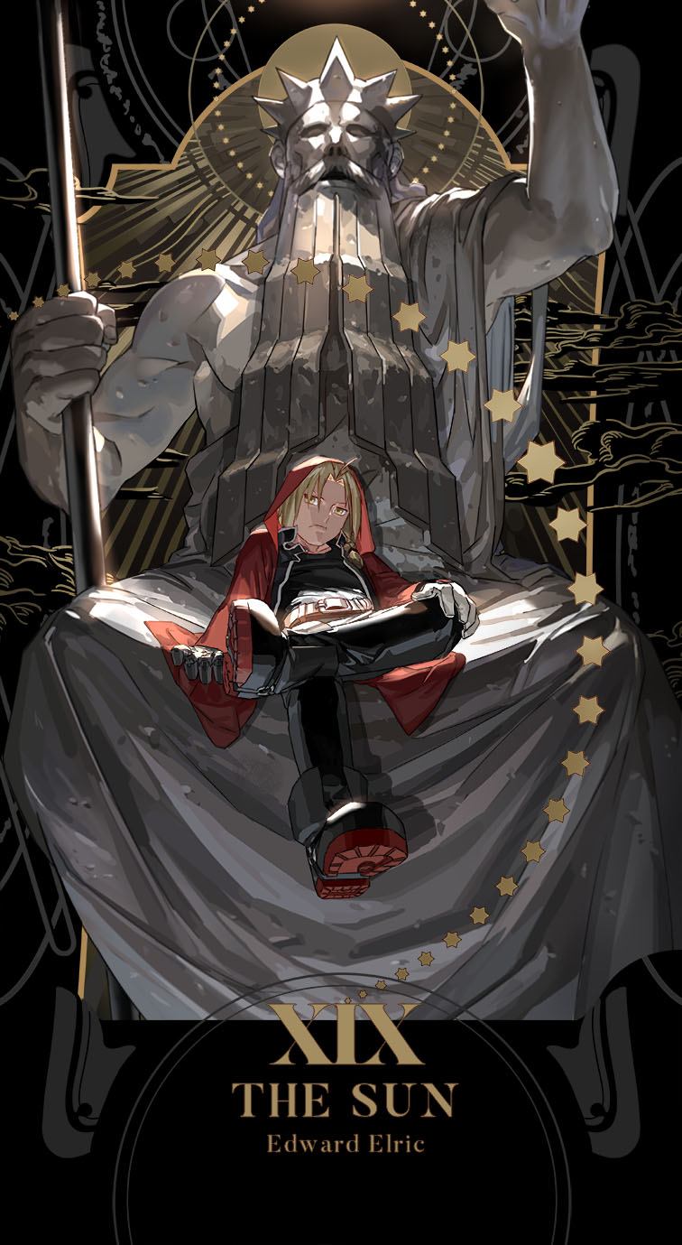 1boy ahoge black_footwear black_pants black_shirt blonde_hair boots character_name cloak closed_mouth edward_elric english fullmetal_alchemist gloves highres holy_pumpkin hood hood_up legs_crossed long_sleeves looking_at_viewer male_focus mechanical_arm pants revision shirt sitting solo star statue tarot v-shaped_eyebrows white_gloves yellow_eyes