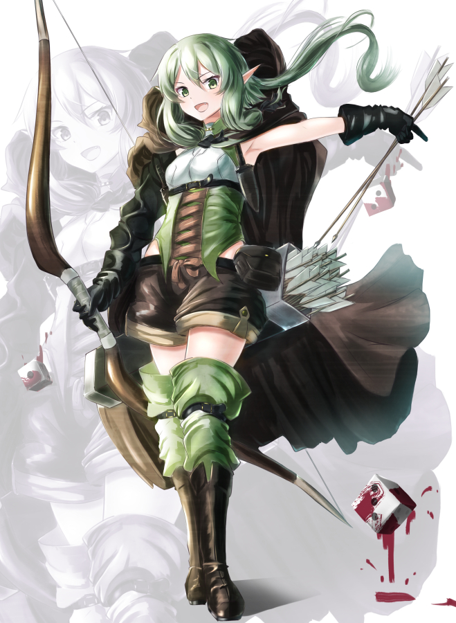 1girl :d armpits arrow asymmetrical_sleeves blood boots bow bow_(weapon) cloak elf full_body gloves goblin_slayer! green_eyes green_hair hair_bow high_elf_archer_(goblin_slayer!) holding holding_weapon hood hooded_cloak long_hair low_ponytail open_mouth outstretched_arm pointy_ears pouch shorts sidelocks sleeveless smile solo tagame_(tagamecat) weapon