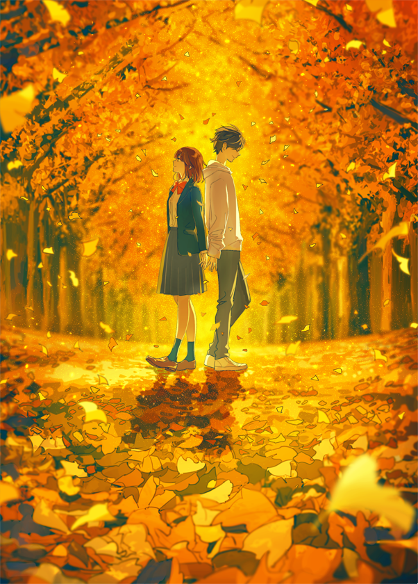 1boy 1girl ame_(conronca) autumn autumn_leaves back-to-back black_hair black_legwear black_pants black_skirt blazer blue_jacket bow bowtie brown_footwear brown_hair closed_eyes closed_mouth commentary_request day falling_leaves forest from_side ginkgo_leaf hood hood_down hooded_jacket jacket leaf loafers long_sleeves looking_up nature open_clothes open_jacket original outdoors pants pleated_skirt profile red_neckwear school_uniform shirt shirt_tucked_in shoes short_hair skirt smile sneakers socks tree white_footwear white_jacket white_shirt yellow