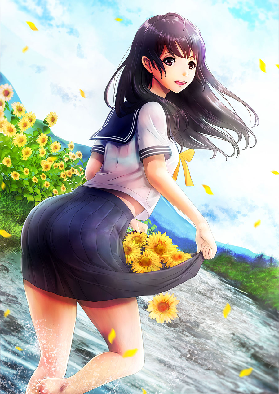 1girl :d barefoot black_hair black_skirt blue_sky bow brown_eyes clouds day dutch_angle flower highres konekoneko_(indonesia) long_hair looking_at_viewer open_mouth original outdoors outsid river school_uniform serafuku shirt skirt skirt_basket sky smile solo standing sunflower white_shirt yellow_bow