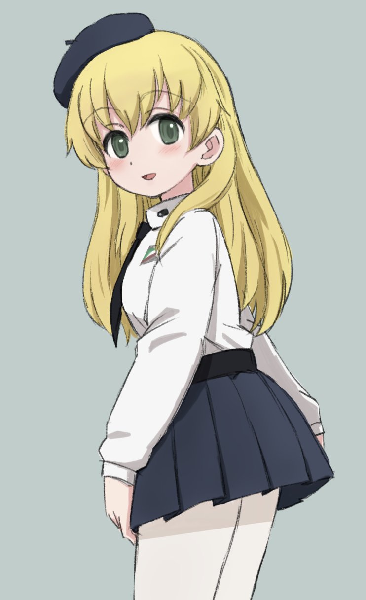 1girl anzio_school_uniform bangs beret black_hat black_neckwear black_skirt carpaccio commentary dress_shirt emblem eyebrows_visible_through_hair from_side girls_und_panzer green_eyes grey_background hat highres leaning_forward light_blush long_hair long_sleeves looking_at_viewer looking_back miniskirt necktie nogitatsu open_mouth pantyhose pleated_skirt school_uniform shirt simple_background skirt smile solo standing white_legwear white_shirt