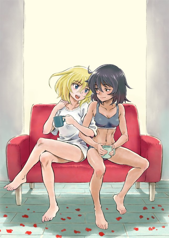 2girls andou_(girls_und_panzer) bangs barefoot black_bra black_hair black_panties blonde_hair blue_eyes bra breasts brown_eyes cleavage commentary commentary_request couch cup dark_skin eyebrows_visible_through_hair girls_und_panzer half-closed_eyes head_tilt holding holding_cup indoors ken-sya legs legs_crossed locked_arms looking_at_another medium_breasts medium_hair messy_hair mug multiple_girls navel no_pants on_couch open_mouth oshida_(girls_und_panzer) panties petals rating shadow shirt short_sleeves sitting smile sports_bra t-shirt underwear underwear_only white_shirt yuri