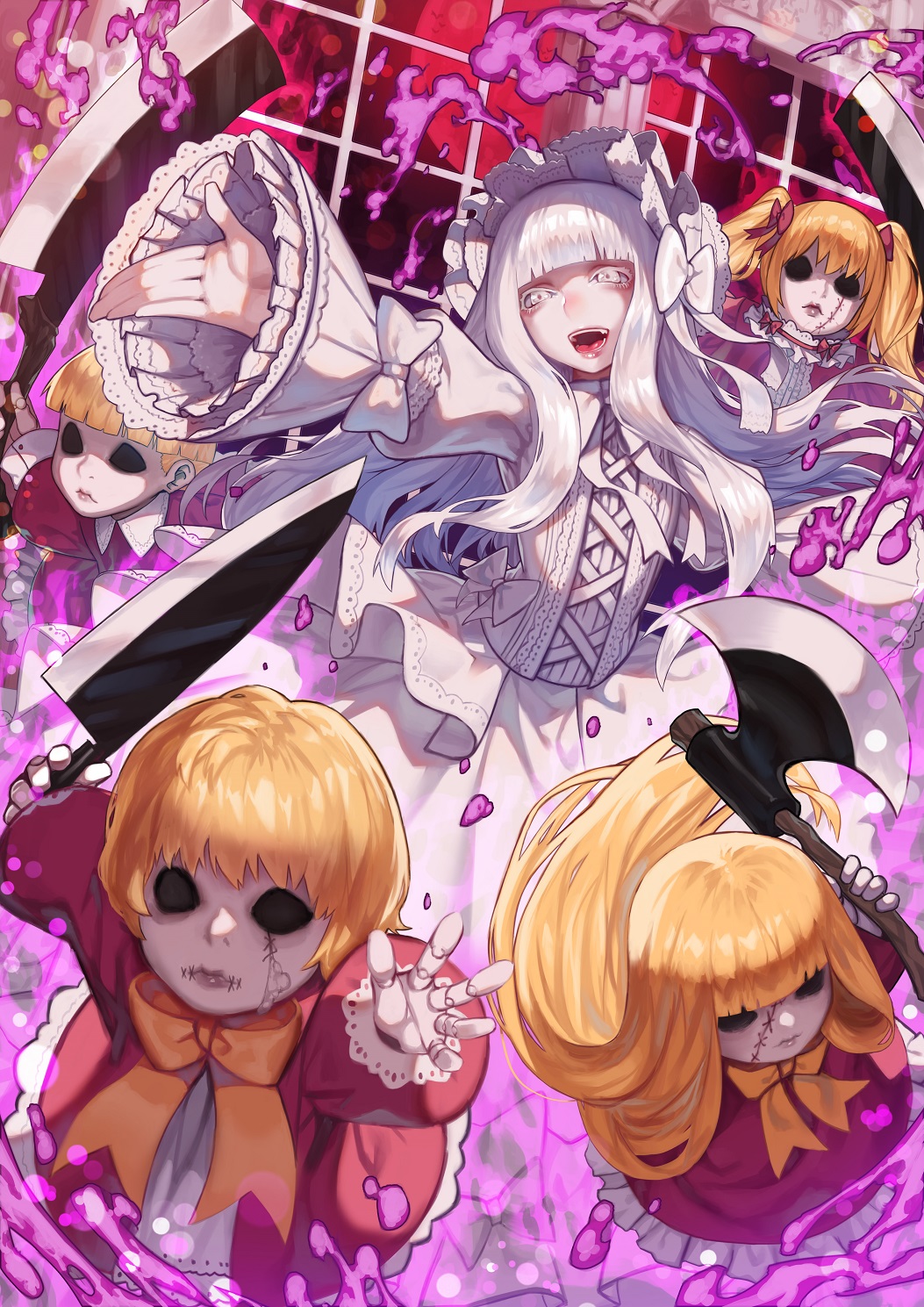 axe bangs blank_eyes blunt_bangs bow butcher_knife closed_mouth commentary_request doku-chan_(dokkudokudoku) doll doll_joints dress fantasy gothic_lolita hair_ribbon highres holding holding_axe holding_knife knife lips lolita_fashion long_hair long_sleeves neck_ribbon open_mouth orange_ribbon original red_dress red_ribbon ribbon solo_focus stick stitched_mouth stitches teeth tongue tongue_out twintails very_long_hair white_bow white_dress white_eyes white_headdress
