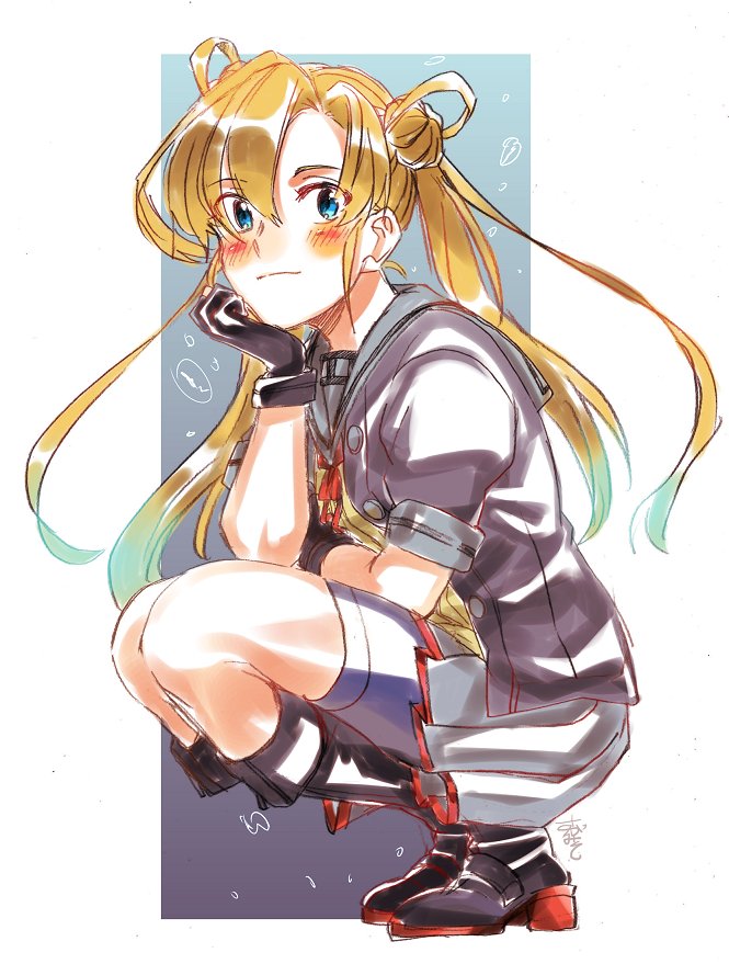 1girl abukuma_(kantai_collection) black_gloves black_jacket black_legwear blonde_hair blue_eyes blue_hair bubble buttons chin_rest closed_mouth commentary double_bun eyebrows_visible_through_hair full_body gloves gradient_hair grey_sailor_collar grey_skirt hair_between_eyes hair_rings jacket kantai_collection long_hair looking_at_viewer multicolored_hair neck_ribbon partly_fingerless_gloves pleated_skirt red_ribbon remodel_(kantai_collection) ribbon rudder_shoes sagamiso sailor_collar shorts shorts_under_skirt signature sitting skirt smile solo squatting sweater twintails yellow_sweater