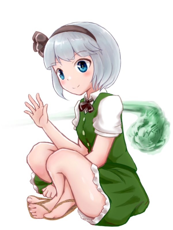 1girl bare_legs blue_eyes bow eyebrows_visible_through_hair grey_hair hairband konpaku_youmu konpaku_youmu_(ghost) looking_at_viewer sandals silver_hair smile touhou waraji withpote