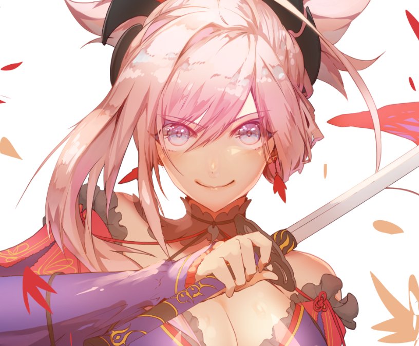 1girl asymmetrical_hair blue_eyes blue_sleeves breasts choker cleavage detached_sleeves earrings eyebrows_visible_through_hair fate/grand_order fate_(series) hair_between_eyes hair_ornament holding holding_sword holding_weapon jewelry large_breasts long_hair long_sleeves looking_at_viewer magatama miyamoto_musashi_(fate/grand_order) saihate_(d3) silver_hair simple_background smile solo sword upper_body weapon white_background