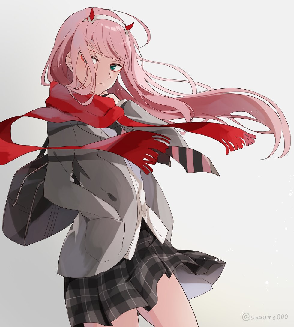 1girl aka_red8547 bag black_bag blazer cowboy_shot darling_in_the_franxx dress_shirt floating_hair green_eyes grey_background hairband hand_in_pocket holding holding_bag horns jacket long_hair looking_at_viewer miniskirt necktie open_blazer open_clothes open_jacket pink_hair pleated_skirt red_scarf scarf school_bag school_uniform shirt simple_background skirt solo standing striped striped_neckwear twitter_username very_long_hair white_hairband white_shirt zero_two_(darling_in_the_franxx)