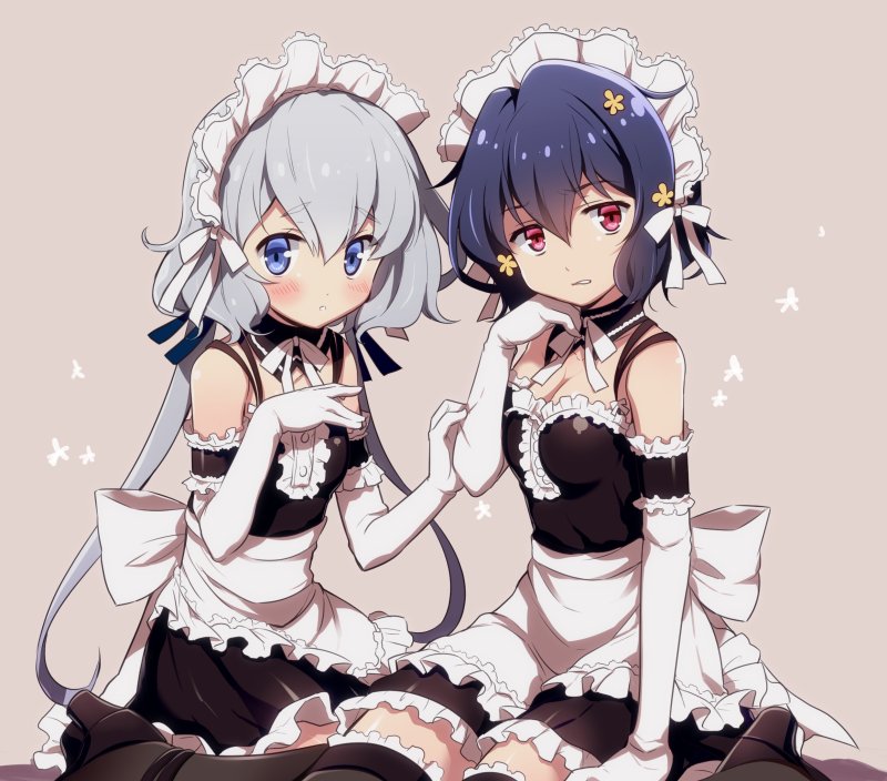 2girls apron black_dress black_footwear black_hair black_legwear blue_eyes blush commentary_request detached_collar dress elbow_gloves frilled_apron frilled_armband frilled_dress frills gloves hair_ornament hair_ribbon high_heels konno_junko looking_at_viewer maid maid_dress maid_headdress mizuno_ai multiple_girls neck_ribbon odawara_hakone red_eyes ribbon short_hair silver_hair simple_background sitting sleeveless sleeveless_dress thigh-highs twintails white_gloves zettai_ryouiki zombie_land_saga