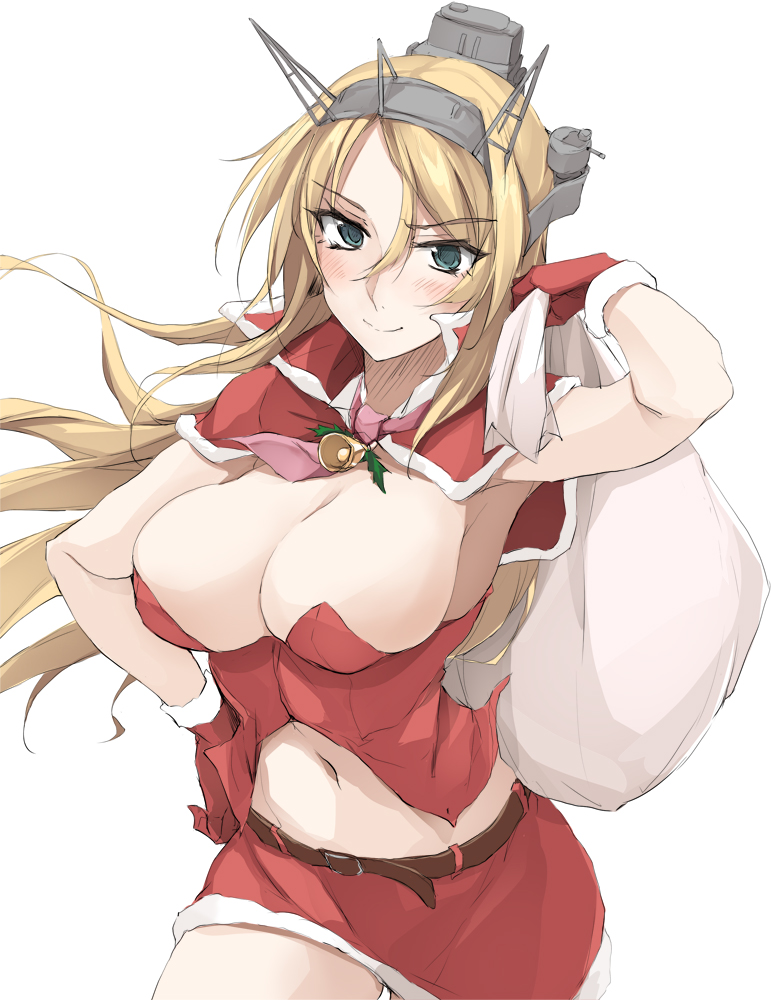 1girl armpits bell belt blonde_hair blue_eyes breasts cleavage commentary_request cropped_jacket fur_trim headgear kantai_collection large_breasts long_hair midriff miniskirt mistletoe navel necktie nelson_(kantai_collection) sack santa_costume skirt solo thigh-highs white_background zekkyon
