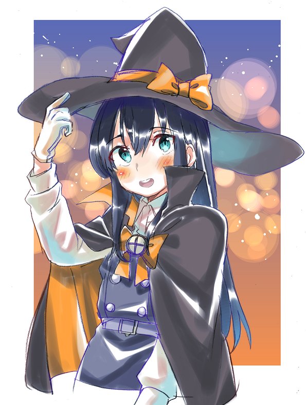 1girl adjusting_clothes adjusting_hat aqua_eyes asashio_(kantai_collection) belt black_cape black_hair blue_eyes blurry blush bokeh border cape commentary cropped_torso depth_of_field dress eyebrows_visible_through_hair gloves hair_between_eyes hat hat_ribbon kantai_collection long_hair long_sleeves open_mouth orange_neckwear orange_ribbon pinafore_dress remodel_(kantai_collection) ribbon round_teeth sagamiso searchlight shirt smile solo teeth white_border white_gloves white_shirt witch_hat