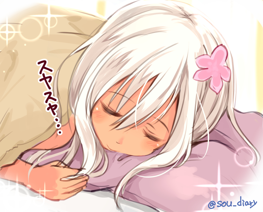 1girl bangs blush closed_eyes closed_mouth commentary_request eyebrows_visible_through_hair flower hair_between_eyes hair_flower hair_ornament kantai_collection long_hair lying pillow ro-500_(kantai_collection) simple_background sleeping smile solo sou_(soutennkouchi) translated white_hair