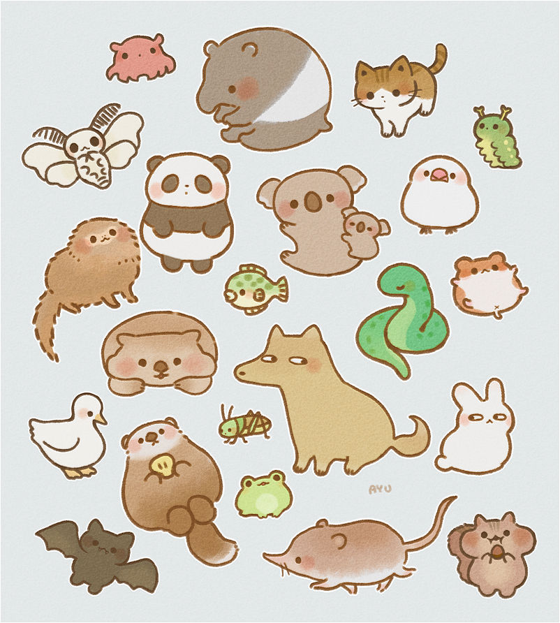 :&lt; animal ayu_(mog) bat bird black_border blush border bug cat caterpillar chibi commentary_request duck dumbo_octopus fish frog grasshopper grey_background insect koala looking_at_another monkey moth mouse no_humans original otter panda signature simple_background snake squirrel tapir wolf wombat