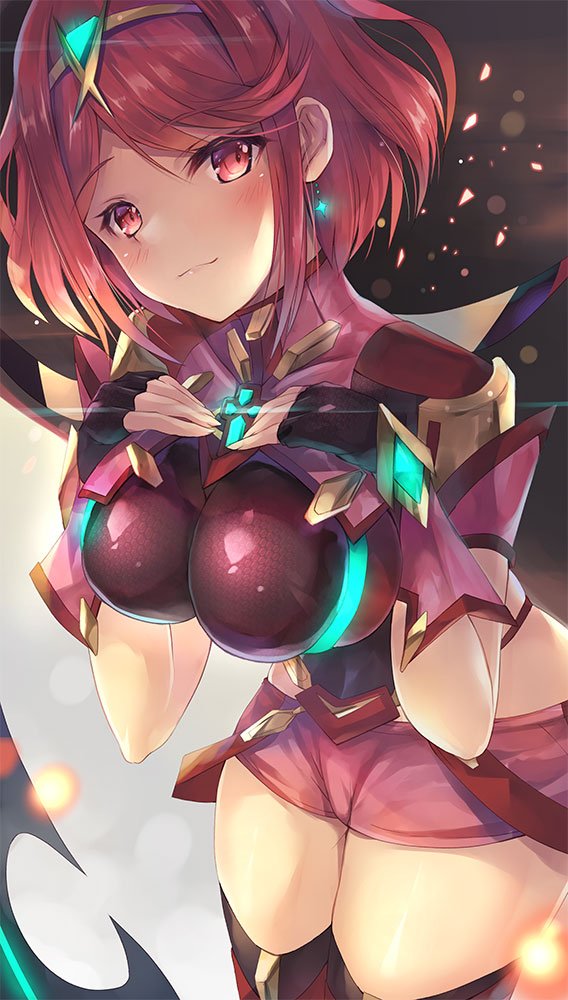 1girl bangs blush breasts covered_navel earrings fingerless_gloves gloves headpiece hinot pyra_(xenoblade) jewelry large_breasts looking_at_viewer nintendo red_eyes red_shorts redhead short_hair shorts shoulder_armor solo swept_bangs tiara xenoblade_(series) xenoblade_2