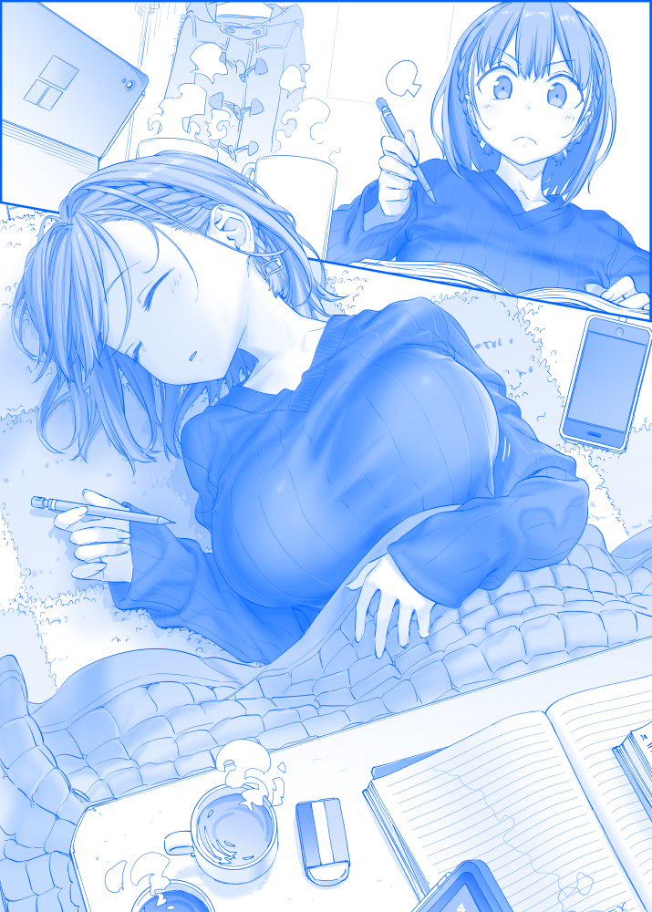 1girl ai-chan_(tawawa) blue braid breasts cellphone closed_eyes commentary_request eraser getsuyoubi_no_tawawa himura_kiseki indoors kotatsu large_breasts long_sleeves lying monochrome on_back parted_lips phone raincoat ribbed_sweater shirt short_hair sleeping smartphone solo steam studying sweater table tablet taut_clothes taut_shirt twin_braids v-shaped_eyebrows