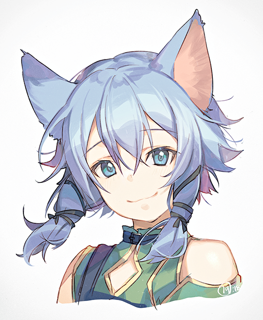 1girl :3 animal_ears black_ribbon blue_eyes blue_hair cat_ears hair_between_eyes hair_ribbon looking_at_viewer nagu portrait ribbon shiny shiny_hair short_hair_with_long_locks shoulder_cutout sidelocks simple_background sinon_(sao-alo) smile solo sword_art_online white_background