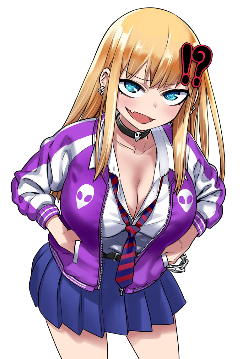 !? 1girl 774_(nanashi) belt black_choker blonde_hair blue_skirt blush breasts chains choker cleavage collared_shirt commentary_request earrings eyelashes fang hair_ornament hairclip hands_in_pockets jacket jewelry large_breasts leaning_forward long_hair long_sleeves looking_at_viewer necktie open_clothes open_jacket original pleated_skirt purple_jacket ringed_eyes shirt simple_background skirt smile solo white_background white_shirt wing_collar