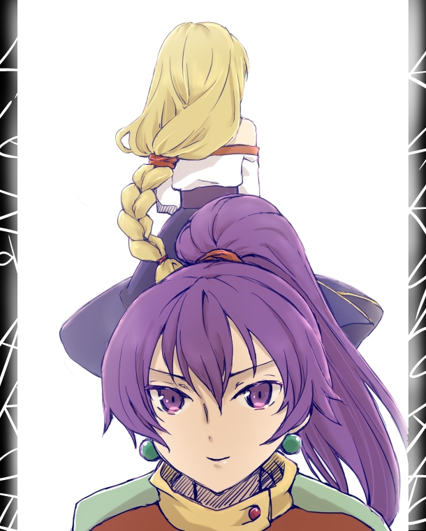 2girls arc_the_lad arc_the_lad_ii blonde_hair braid closed_mouth commentary_request dress high_ponytail kukuru_(arc_the_lad) lieza long_hair looking_at_viewer multiple_girls ponytail purple_hair simple_background single_braid smile standing surume_(surume_8738) very_long_hair violet_eyes white_background