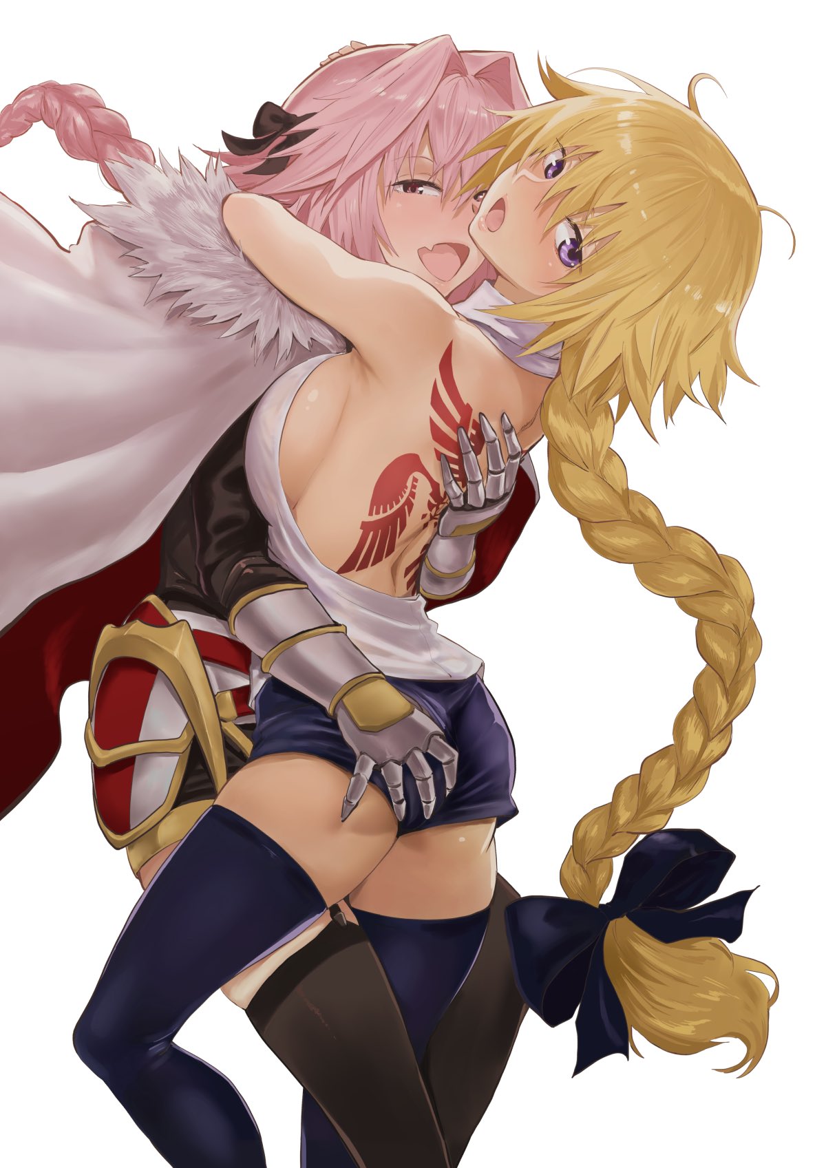 1boy 1girl artist_request ass_grab astolfo_(fate) back_tattoo backless_outfit blush bow braid breast_press breasts cape fang fate/grand_order fate_(series) fur_trim gauntlets hair_bow half-closed_eyes highres hug jeanne_d'arc_(fate) jeanne_d'arc_(fate)_(all) large_breasts looking_at_viewer naughty_face open_mouth pink_hair shorts sideboob smile tattoo trap violet_eyes