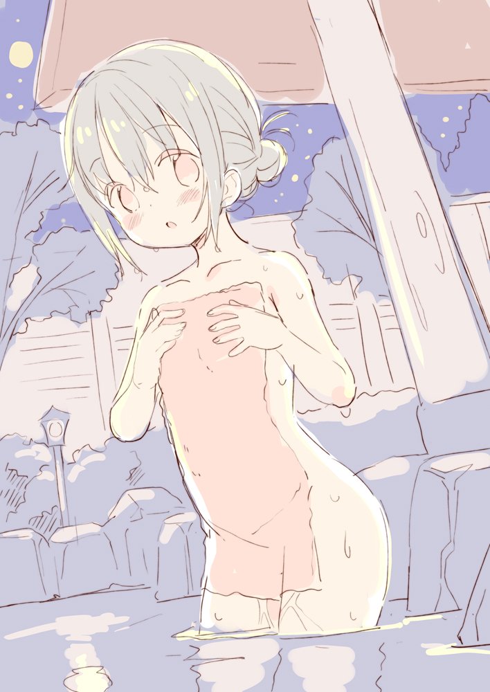 1girl :o bangs blush collarbone covering eyebrows_visible_through_hair fingernails full_moon hair_between_eyes hair_bun hands_up head_tilt looking_at_viewer meito_(maze) moon night night_sky nude_cover onsen original outdoors parted_lips reflection sidelocks sky solo standing star_(sky) starry_sky towel wading water wet