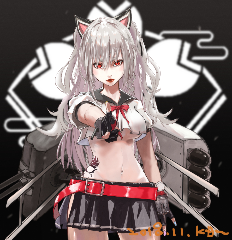 1girl animal_ears azur_lane bangs bare_shoulders belt black_bow black_skirt blurry blurry_background bow braid breasts buckle cannon cat_ears crop_top crop_top_overhang dated fang finger_gun groin hair_bow kdm_(ke_dama) long_hair looking_at_viewer medium_breasts miniskirt nail_polish navel parted_lips pleated_skirt pointing pointing_at_viewer red_lips red_skirt ribbon rigging sailor_collar sidelocks silver_hair skirt smile solo stomach torpedo_launcher twintails under_boob yuudachi_(azur_lane)