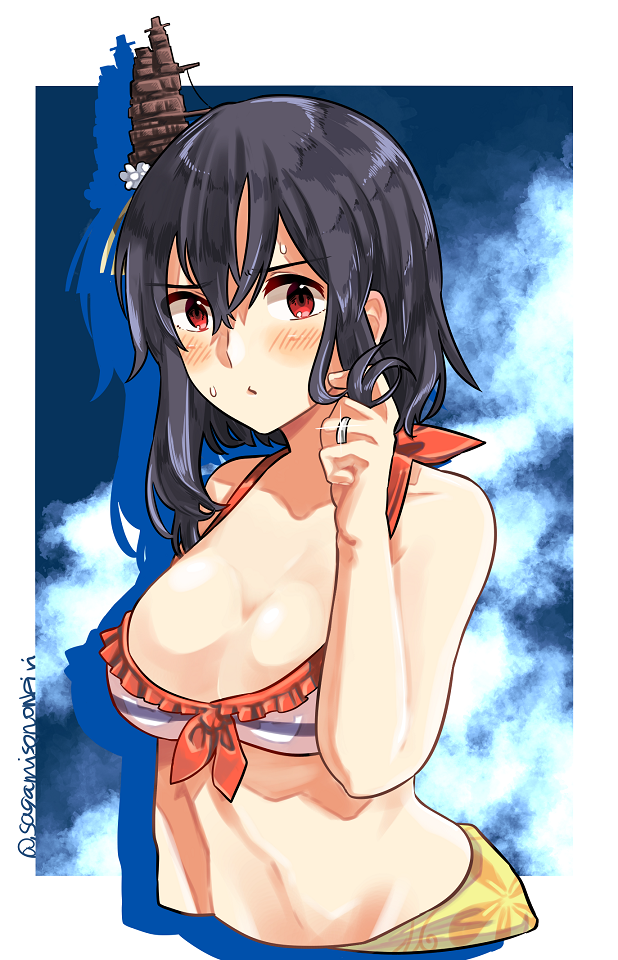 1girl alternate_costume bare_shoulders black_hair blush breasts cleavage closed_mouth collarbone commentary_request cropped_torso eyebrows_visible_through_hair flower hair_between_eyes hair_flower hair_ornament jewelry kantai_collection looking_at_viewer medium_hair midriff red_eyes ring sagamiso sarong shadow solo sweat swimsuit twitter_username wedding_band yamashiro_(kantai_collection)