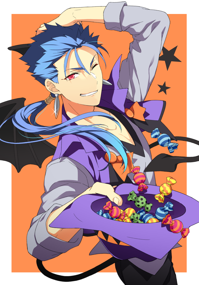 1boy black_pants blue_hair candy commentary_request demon_horns demon_tail demon_wings dutch_angle earrings fate/stay_night fate_(series) food giving grin hand_up hat hat_removed headwear_removed holding horns jewelry lancer long_sleeves looking_at_viewer male_focus natsuko_(bluecandy) one_eye_closed orange_background pants red_eyes simple_background smile solo star tail vest wings