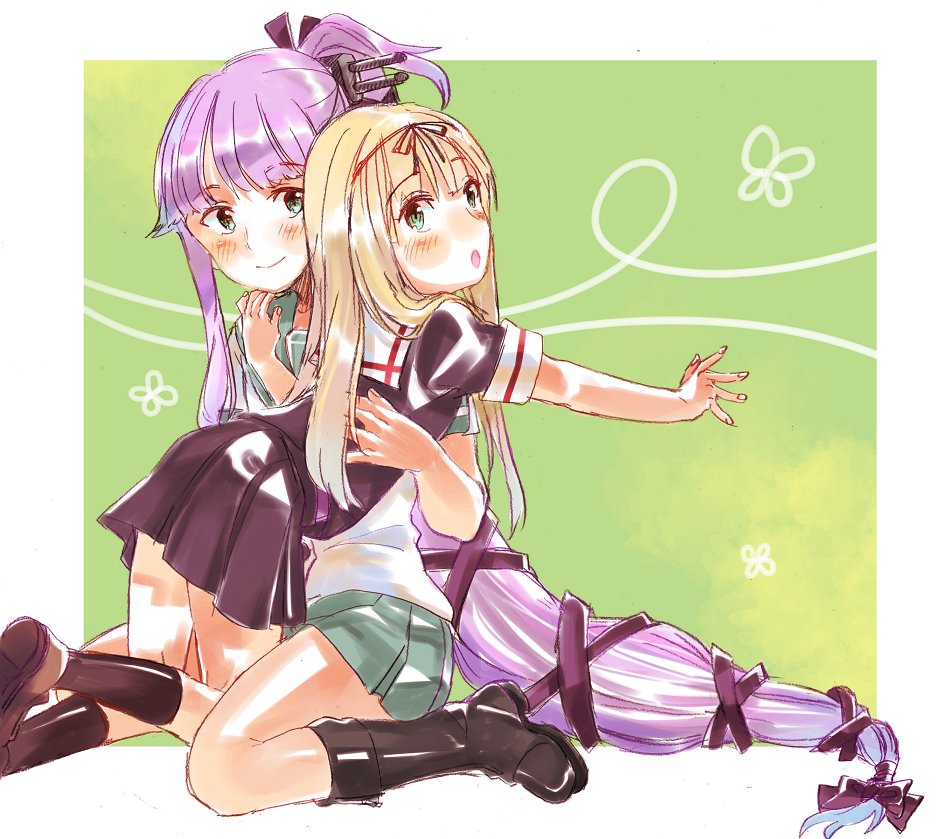 2girls black_legwear black_ribbon black_serafuku black_skirt blonde_hair blue_hair blush boots closed_mouth eyebrows_visible_through_hair fingernails gradient_hair green_eyes green_sailor_collar green_skirt hair_flaps hair_over_shoulder hair_ribbon hand_on_another's_shoulder headgear kantai_collection kneehighs kneeling loafers long_hair multicolored_hair multiple_girls pink_hair pleated_skirt reaching_out ribbon sagamiso sailor_collar school_uniform serafuku shoes short_sleeves sidelocks sitting skirt smile very_long_hair white_sailor_collar yura_(kantai_collection) yuudachi_(kantai_collection)