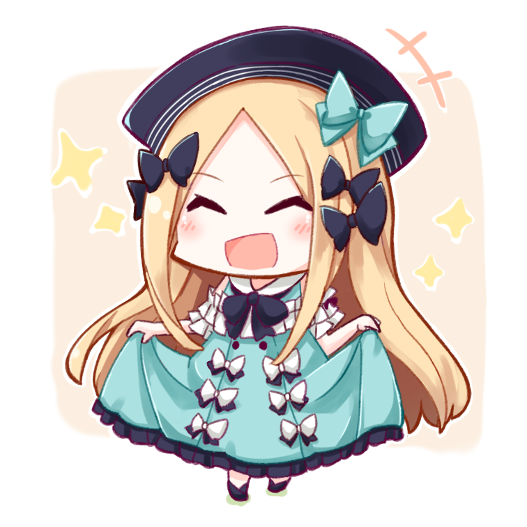 +++ 1girl :d ^_^ abigail_williams_(fate/grand_order) bangs black_bow black_footwear black_hat blonde_hair blue_bow blue_dress blush bow brown_background chibi closed_eyes closed_eyes commentary_request dress eyebrows_visible_through_hair facing_viewer fate/grand_order fate_(series) forehead full_body gasuto_(kamikami) hair_bow hat long_hair open_mouth parted_bangs skirt_hold sleeveless sleeveless_dress smile solo sparkle standing two-tone_background very_long_hair white_background white_bow