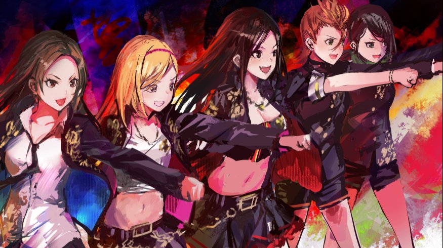 5girls :d bangs belt black_hair black_jacket black_sailor_collar black_serafuku black_shirt black_skirt blonde_hair blue_jacket boxing_gloves brown_eyes brown_hair collarbone fujimoto_rina grey_shirt gun hair_between_eyes hand_in_pocket holding holding_gun holding_weapon idolmaster idolmaster_cinderella_girls indoors infukun jacket kimura_natsuki long_hair looking_at_viewer matsunaga_ryou miniskirt mukai_takumi multiple_girls open_clothes open_jacket open_mouth parted_bangs pencil_skirt pleated_skirt rifle sailor_collar school_uniform serafuku shirt short_hair sketch skirt smile weapon white_shirt yamato_aki