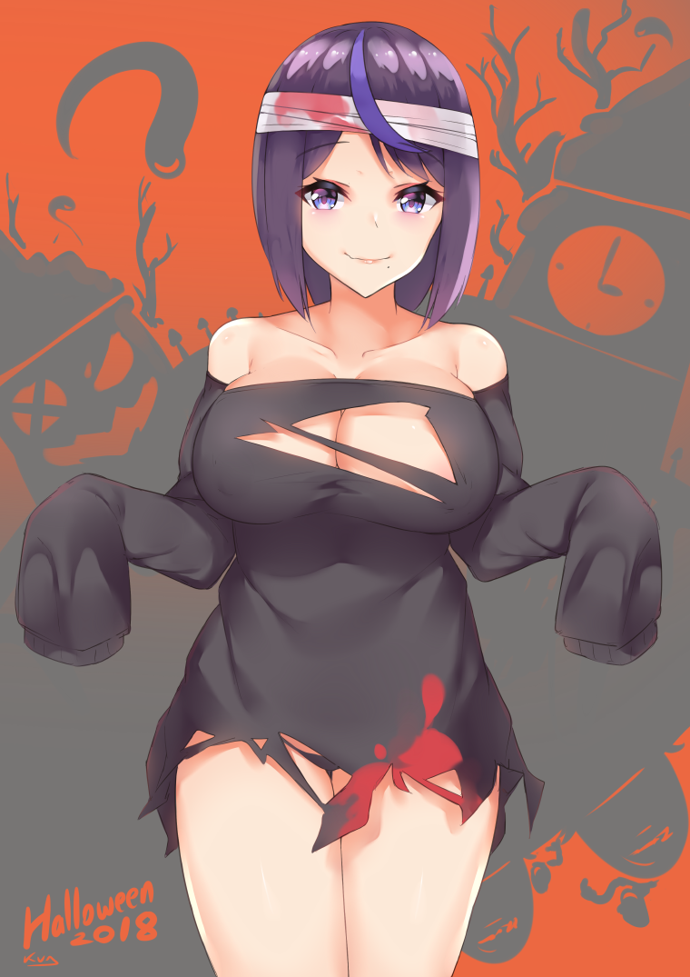 1girl 2018 bandage bare_shoulders black_dress black_panties breasts cleavage closed_mouth copyright_request covered_nipples cowboy_shot dress eyebrows_visible_through_hair halloween kuavera large_breasts looking_at_viewer panties purple_hair short_hair signature sleeves_past_fingers sleeves_past_wrists smile solo standing torn_clothes underwear violet_eyes