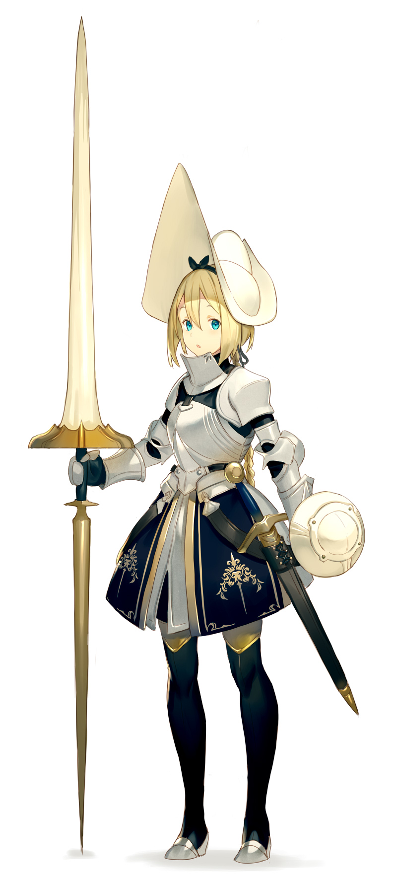 1girl armor blonde_hair blue_eyes boots breastplate buckler commentary_request full_armor full_body hairband highres holding holding_weapon keemu_(occhoko-cho) knight lance looking_at_viewer morion original parted_lips polearm shield shoulder_armor simple_background solo spaulders weapon white_background