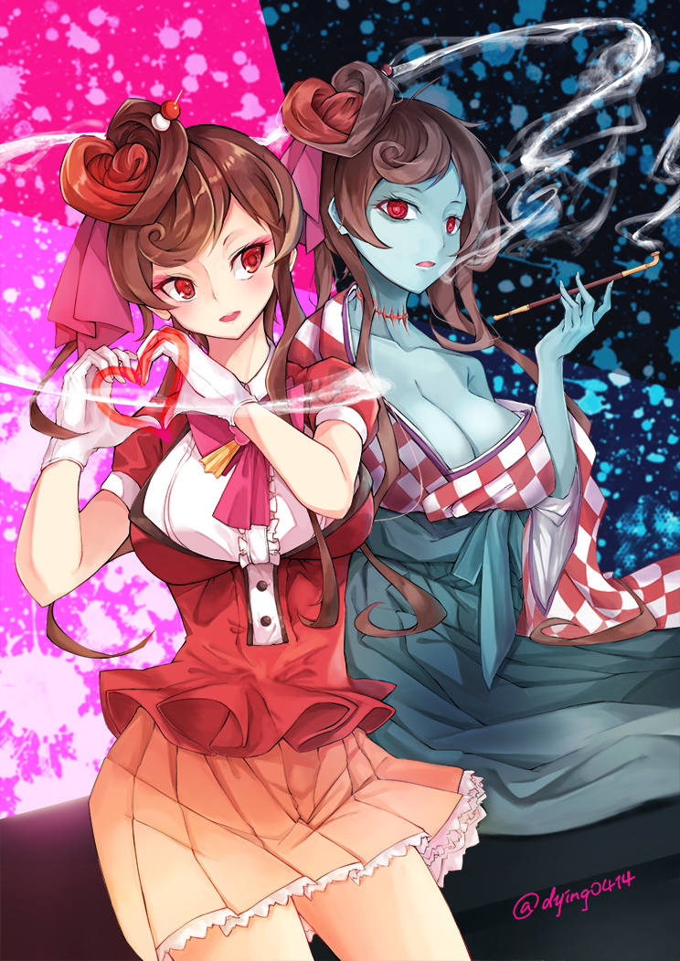 1girl blue_skin bow breasts brown_hair checkered checkered_kimono dying_(dying0414) gloves hair_ornament heart heart_hands japanese_clothes kimono large_breasts long_hair long_sleeves multicolored multicolored_background neck_scar open_mouth pipe pleated_skirt red_eyes short_sleeves sitting skirt smoking yuugiri_(zombie_land_saga) zombie zombie_land_saga