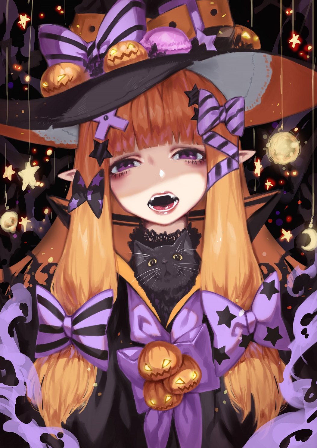 1girl bangs black_bow black_cat black_hat black_stripes blunt_bangs bow cat commentary_request doku-chan_(dokkudokudoku) fangs food half-closed_eyes halloween hat highres horizontal_stripes jack-o'-lantern lips long_hair looking_at_viewer macaron original parted_lips pointy_ears print_bow pumpkin purple_bow solo star star_print striped striped_bow tongue tongue_out violet_eyes